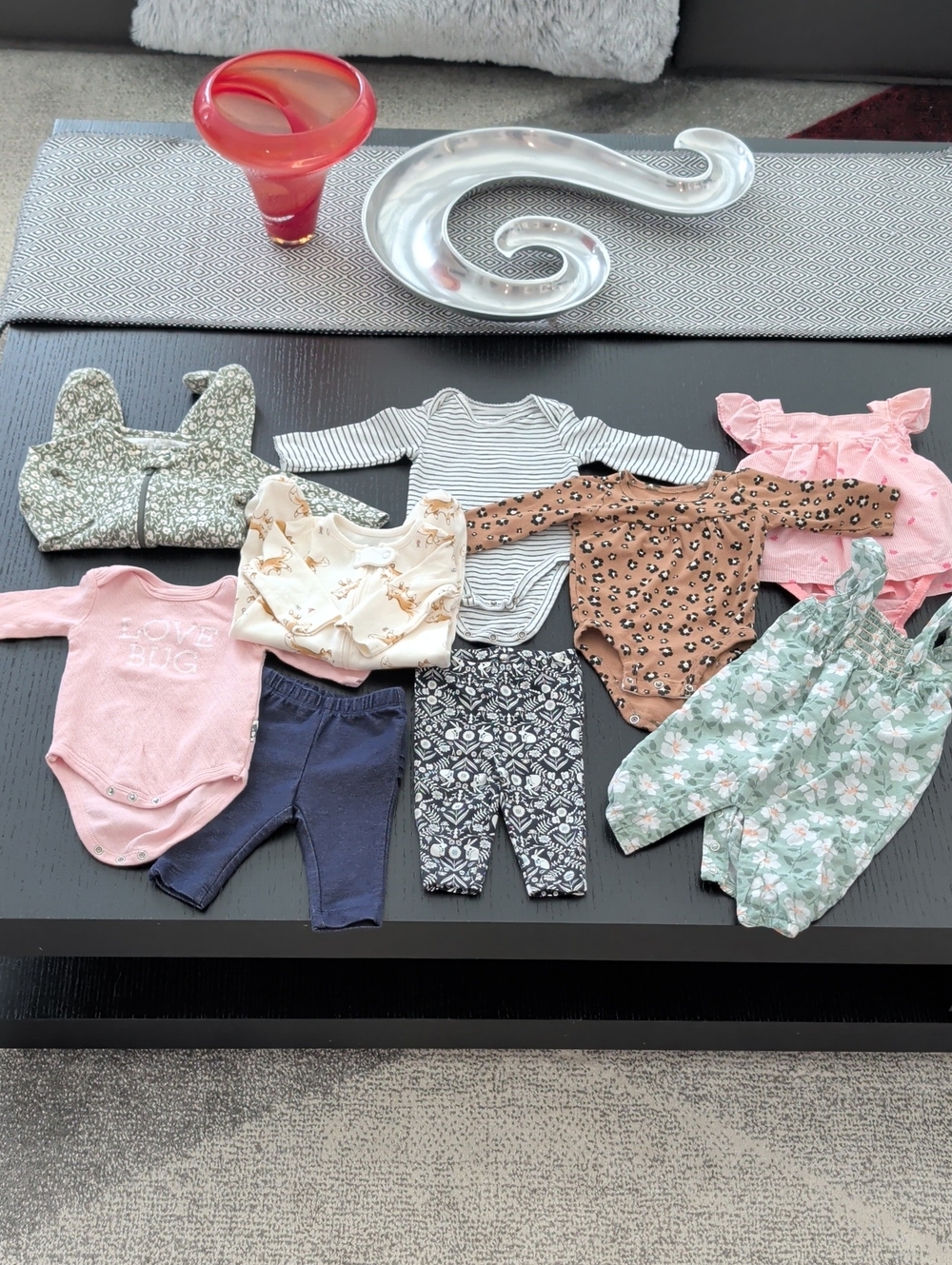 9 Piece Lot Baby Girl 3 Month Onsies Dress Rompers Sleepers Pink Green Cream